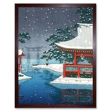 Painting Postcard Japan Pagoda Torii Shinto Temple Gate Winter Snow Framed Print