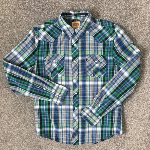 Levis Shirt Men Medium Blue Green Check 