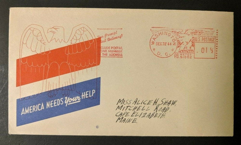1944 America Needs Your Help Washington Cape Elizabeth ME WWII Patriotic Cover