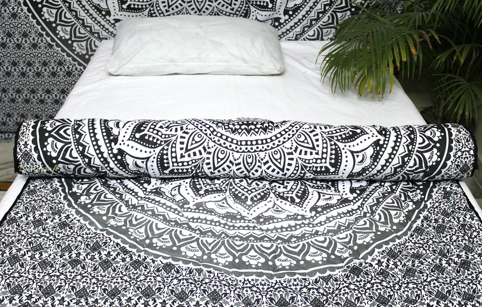 Manta Mandala Reversible Ombre Gris Edredón Doble, 100% Algodón Relleno Edredón Individual Foto 4 de 4