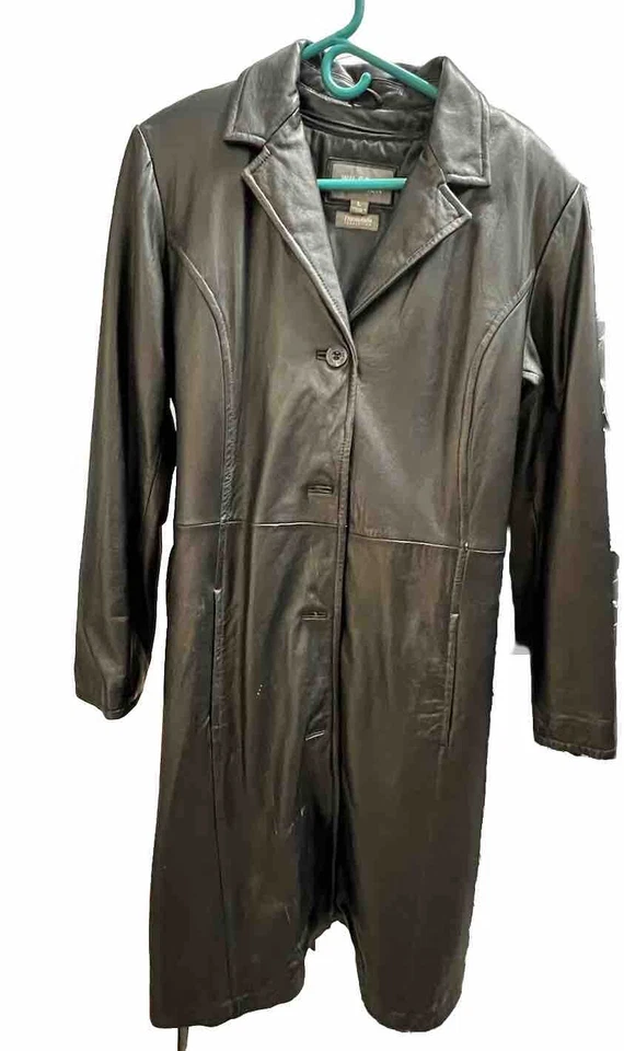 Chaqueta de cuero Wilson vintage años 90 para mujer Y2K gabardina larga negra grande