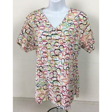 Sherly Womens Scrub Top Size M White w Colorful Shapes Pockets V neck