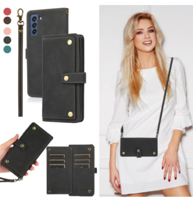 Flip Leather Case Cards Luxury Wallet with Strap Phone Bag Cover For Samsung/LG