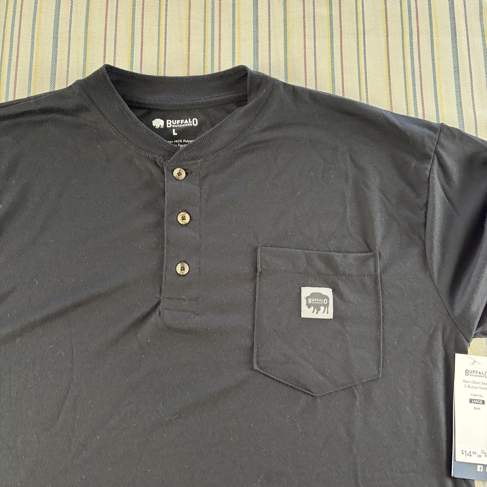 Buffalo Outdoors Henley Shirt Mens Large Black 3-Button Short Sleeve Pocket