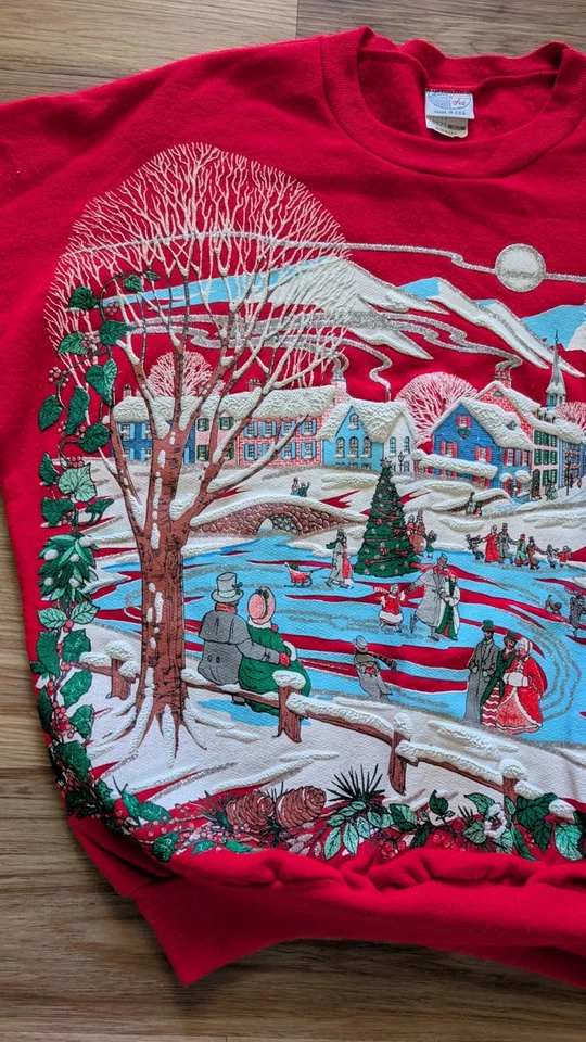 Vintage Christmas Sweatshirt Womens M Red Holiday Village Winter Wonderland Snow - Image 4 of 4