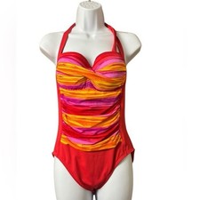 La Blanca one-piece swimsuit Ruched twist Front Orange striped Size 12