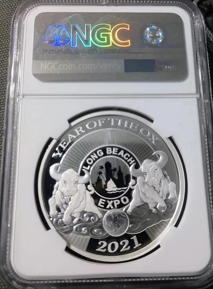 China 2021 Silver 1oz Panda, Long Beach Expo,  Lunar year of the Ox,  NGC PF70 - Image 2 of 2