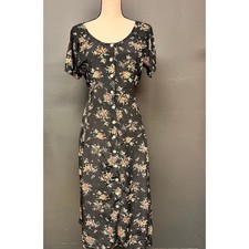 vintage 1990's women's LG black tea length button front dress floral print READ