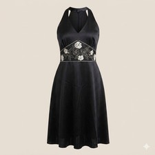 Holiday Party Dress Black Satin Floral Embroidered Halter Midi Dress 10 NYE 90s