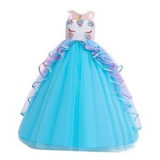 Girl's Sleeveless Unicorn Party Princess Long Tulle Fancy Dress 8-9 Years Blue