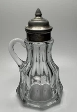 vintage/antique  glass pitcher syrup? with metal lid  repaired hinge