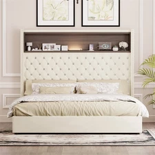 Queen Size Velvet Tufted Soft Bed Frame w USB & Night Light Wing-Back Platform