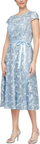 Alex Evenings Dress A Line Tea Length Embroidered Women sz 4 Blue NEW NWT AM45