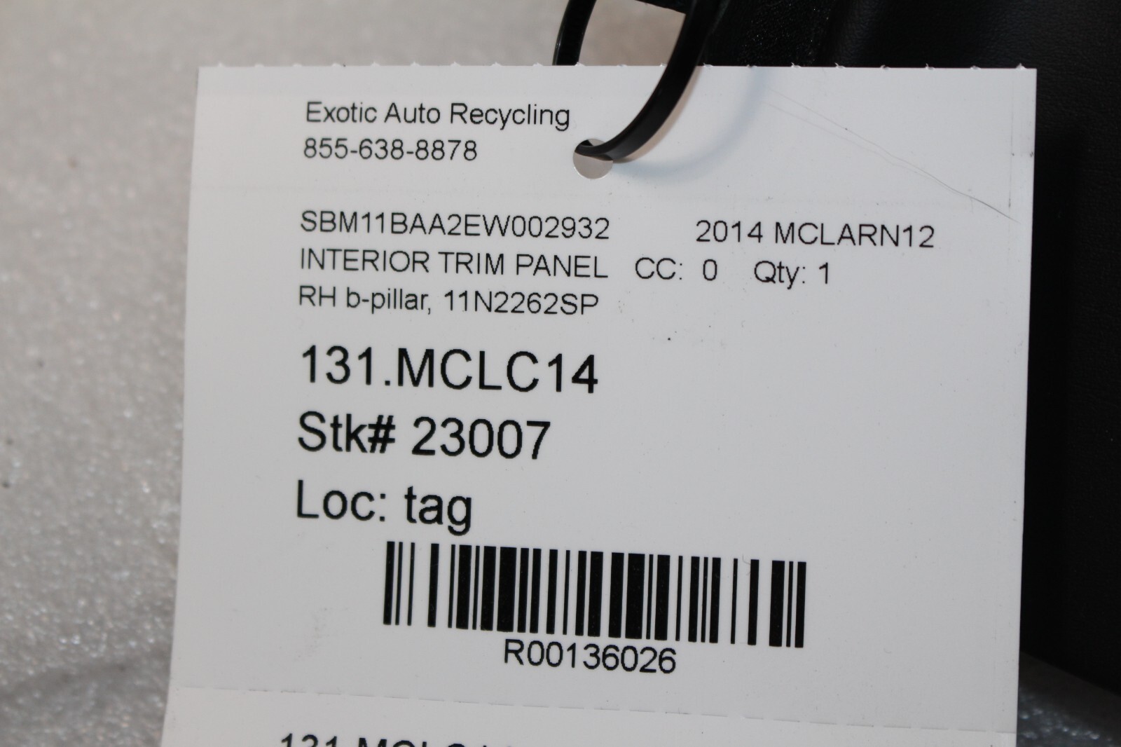 Mclaren MP4-12C, RH, Right, Interior B-Pillar Trim Panel, Used, P/N 11N2262SP