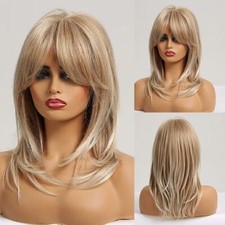 Middle Long Straight Synthetic Wigs Blonde Highlight Layered Wig with Side Bangs