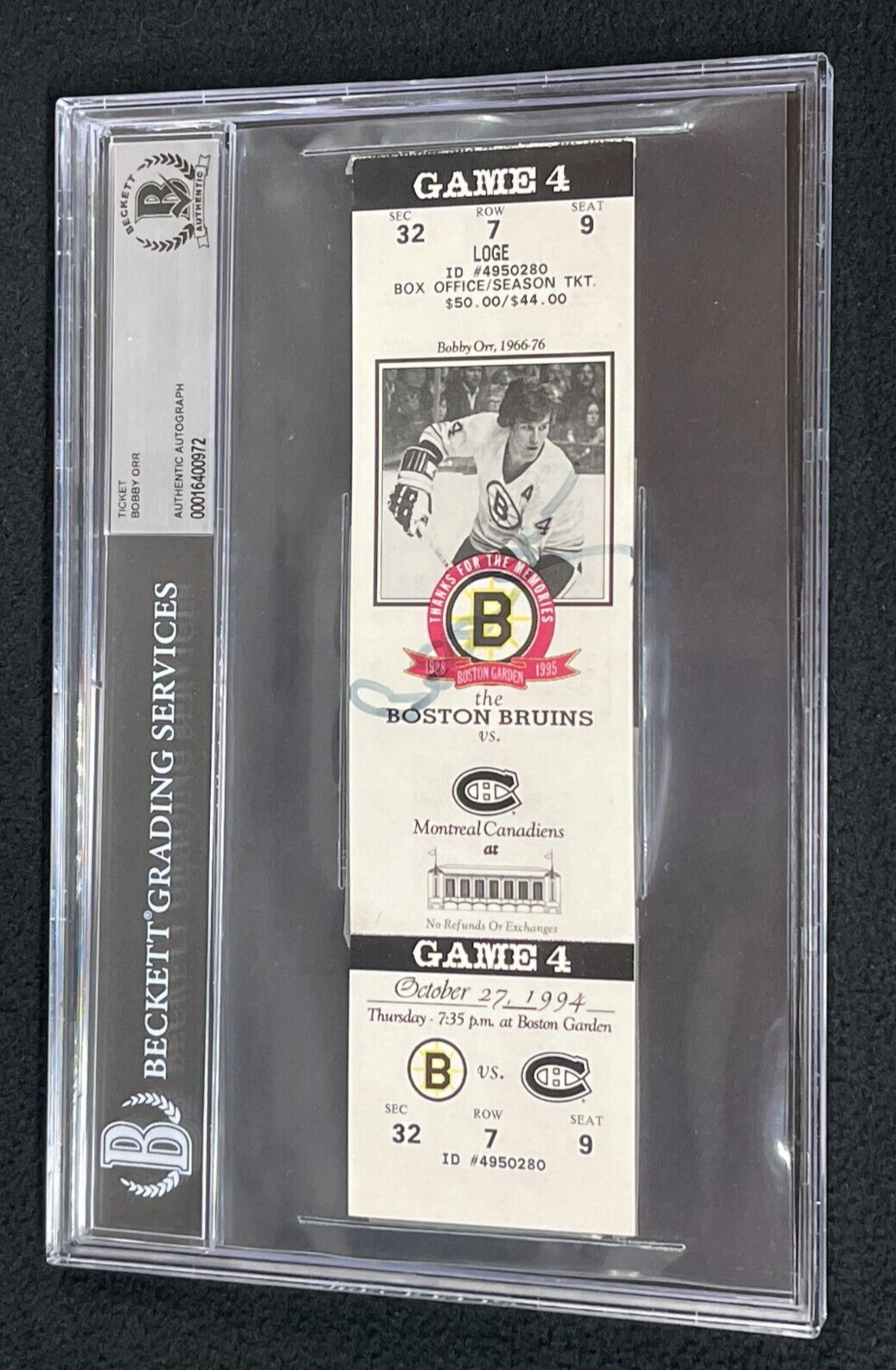 Bobby Orr Autographed Signed Boston Bruins 1995 Boston Garden Game Ticket Bruins Beckett Certified 