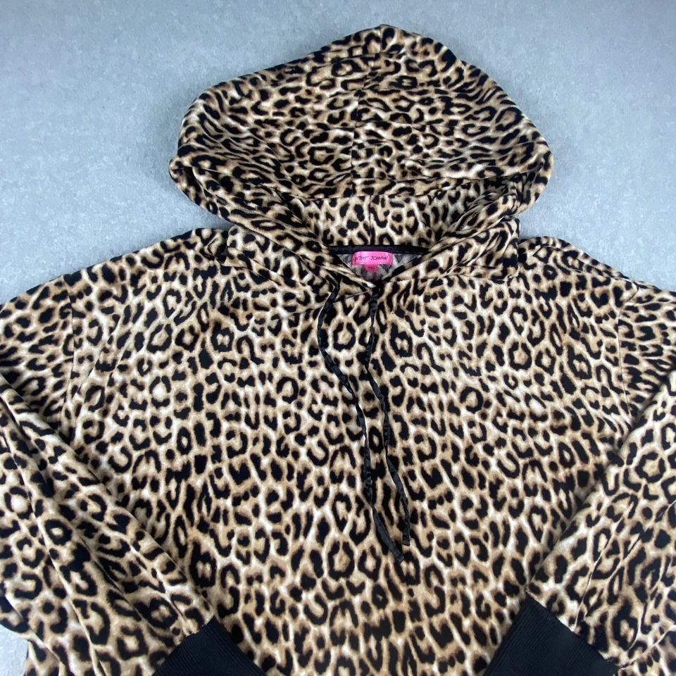 Betsey Johnson Nightgown Womens Medium Tan Black Leopard Print Hooded Plush Soft - Image 3 of 4