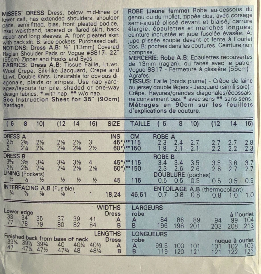 CUT ( TO 14 )  VOGUE SEWING PATTERN BIAS TOP DRESS PATTERN SIZE 12-16 - Image 2 of 3