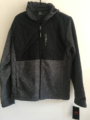 New Balance Mens Black/Gray Sweater Fleece Full Zip Hooded Jacket Size S