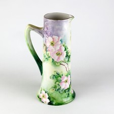 PL Limgoes Artist Signed Large Pink Roses Tankard Pitcher, Antique France 13"