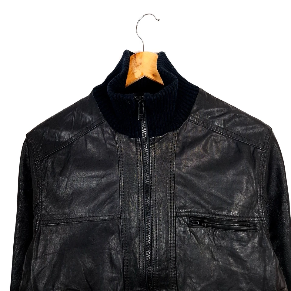 JACK & JONES Men's Bomber Leather Jacket Size M Black Full Zip Ribbed Hem - Image 3 of 4