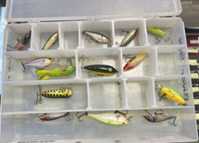 Mixed Lot of 14 Fishing Lures & Plastic Bait Box, Rapala, Skip Jack, Heddon