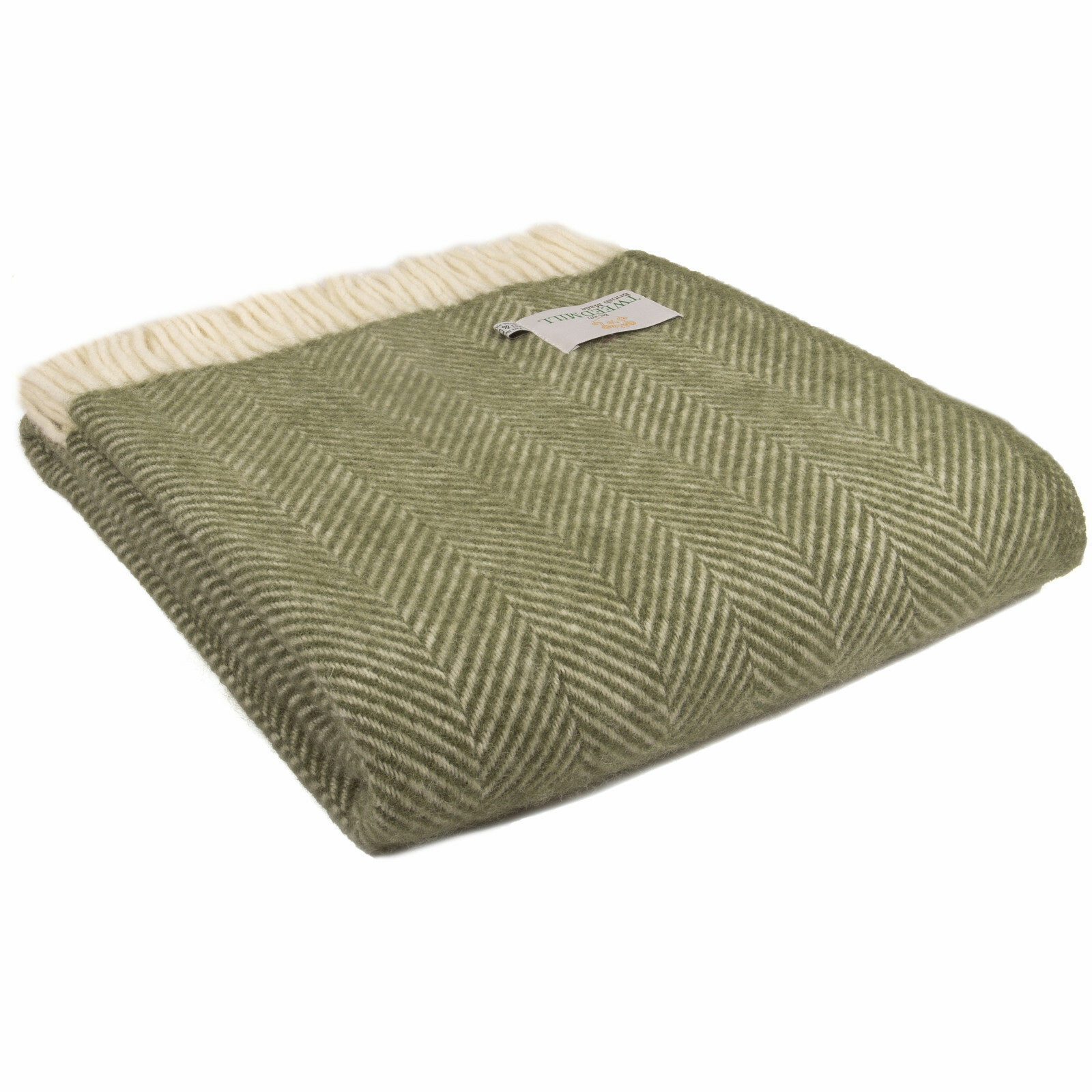 TWEEDMILL TEXTILES THROW 100% Wool Sofa Bed Blanket Rug FISHBONE OLIVE & CREAM