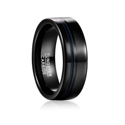 8MM Electric Black Polished Blue Guitar String Tungsten Carbide Ring Band Gift