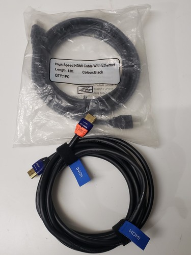 Lot of 2   12ft  High Speed HDMI Cable With Ethernet Black ( 1pc New 1pc Used )