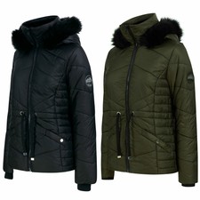 Tokyo Laundry Puffer Coat With Faux Fur Hood High Shine Quilted Padded Warm