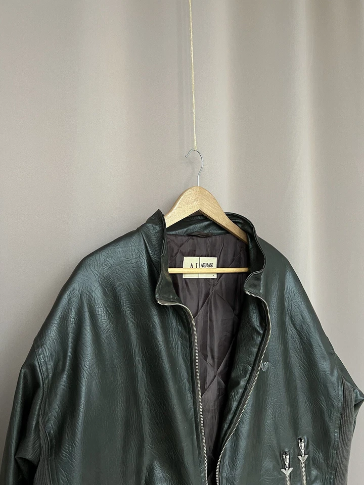 Armani Jeans Chaqueta Pesada de Cuero para Hombres Talla M Marrón Cremallera Completa Multibolsillos Bombardero Foto 3 de 4