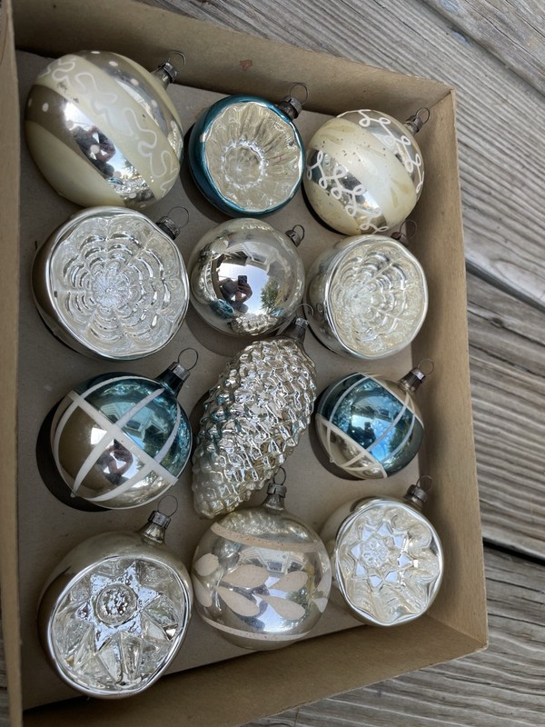 VTG Mercury Glass Ornament Lot Germany Deep Indents Pinecone Hand Painted
