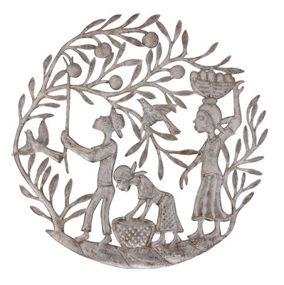 Handcrafted Haitian Metal Art Sculpture   Family Harvesting Scene by Guy Duval