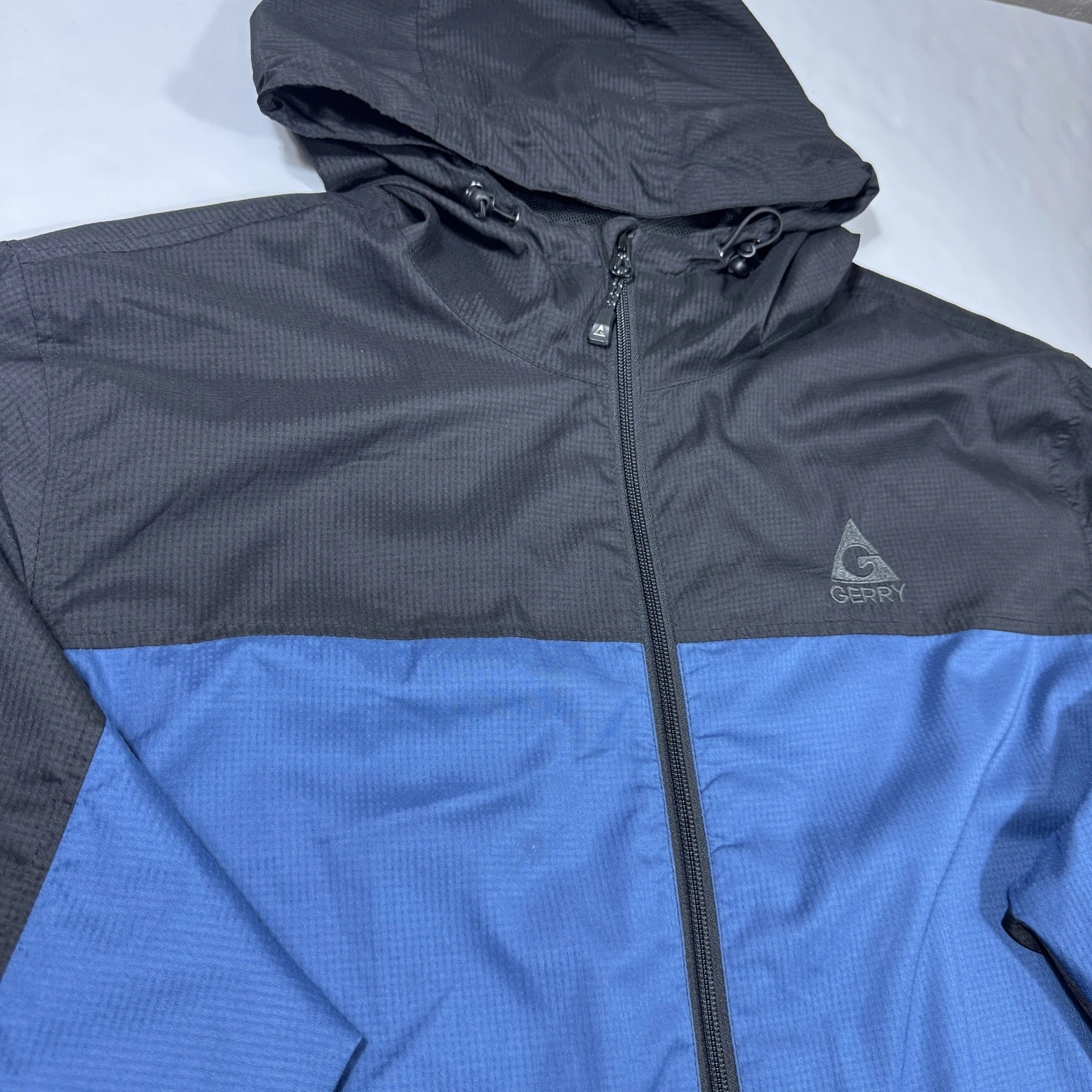 Gerry Windbreaker Tech Jacket Men's 2XLL Full Zip Black/Blue Hooded Lightweight