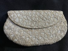 Vintage Evening Purse Clutch Cream Base Gold Open Weave Ribbon Trim Snap Closure