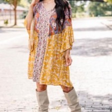 Umgee Bohemian Yellow and Multicolor Dress S