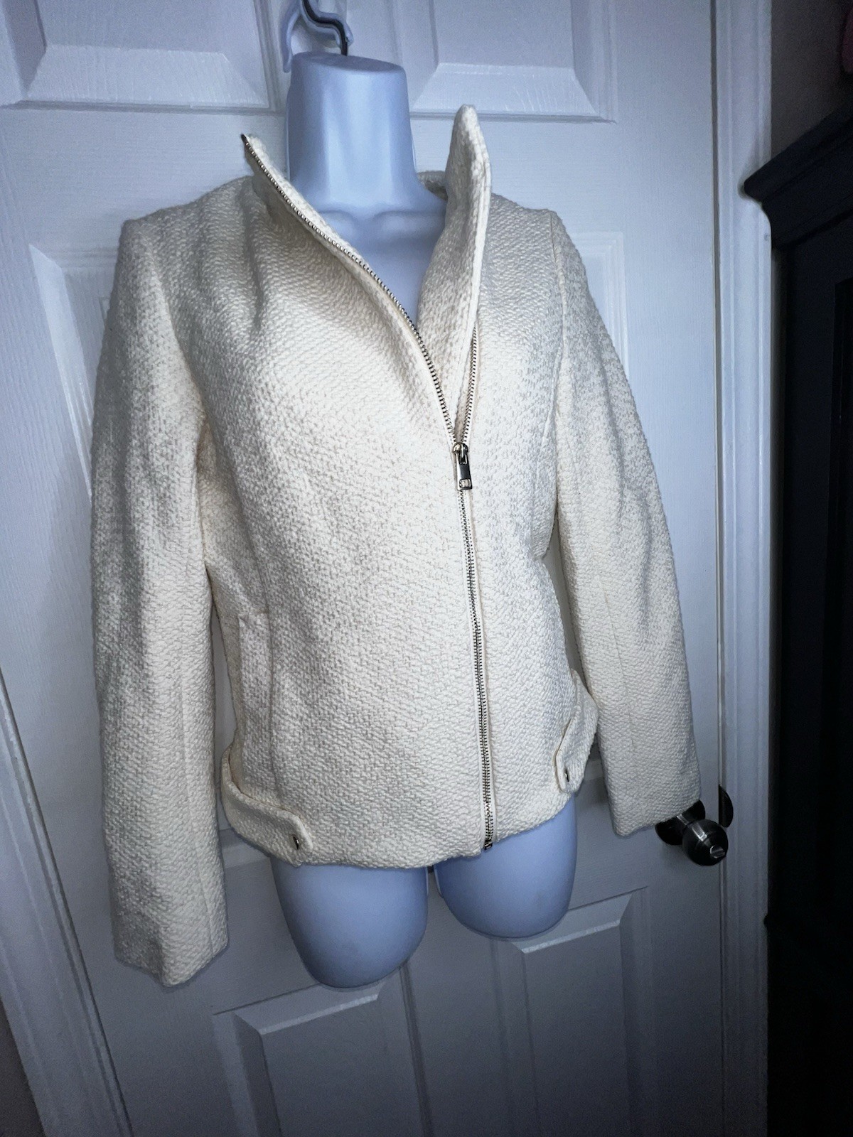 H&M Women’s US 4 Cream Cotton Tweed Zip Moto Biker Jacket Blazer Career EUR 34 thumbnail 15