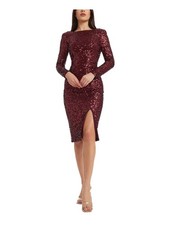 DRESS THE POPULATION Womens Maroon Cowl Back Lined Long Sleeve Body Con Dress XS
