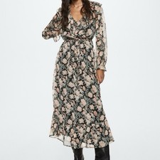 Mango MNG Maxi Dress Sz 8 Black Floral Print Ruffles Sheer Romantic Fairy Core