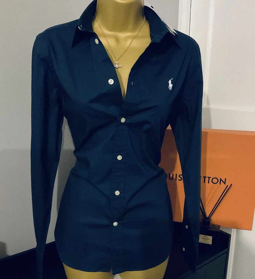 Pristine Ralph Lauren Navy Blue Cotton Blend Shirt Blouse Stunning UK 10 - Image 3 of 4