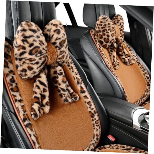2PCS Plush Leopard Print Bowknot Car Neck Pillow for Headrest Comfort