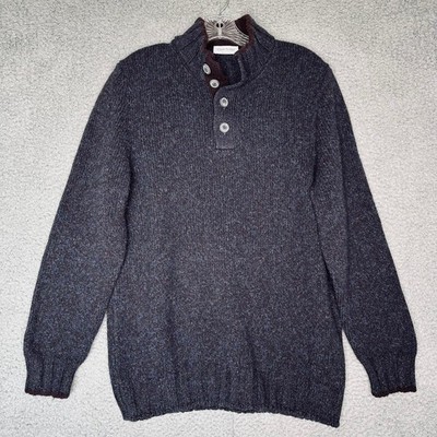 Gran Sasso Mens 54/L Virgin Wool Quarter Button Mock Neck Sweater Navy Italy