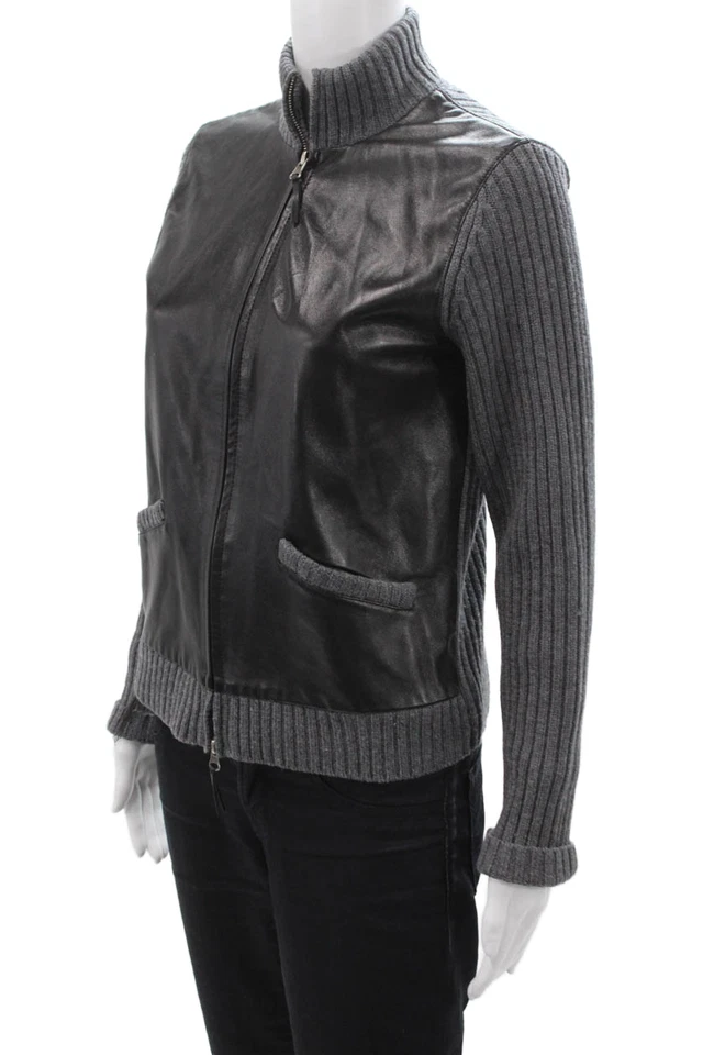 White + Warren, Womens Bomber Jacket Black Wool & Leather High Neck Zip Size M - Image 2 of 4