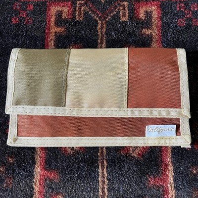 Vintage nylon wallet 1970s California green/ tan/ orange checkbook hook and loop