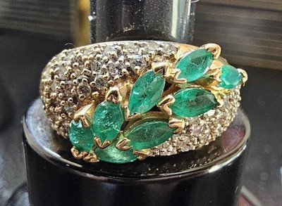 14K Gold Emerald & Diamond Ring BH Hallmark Effy Era Marquise Cluster