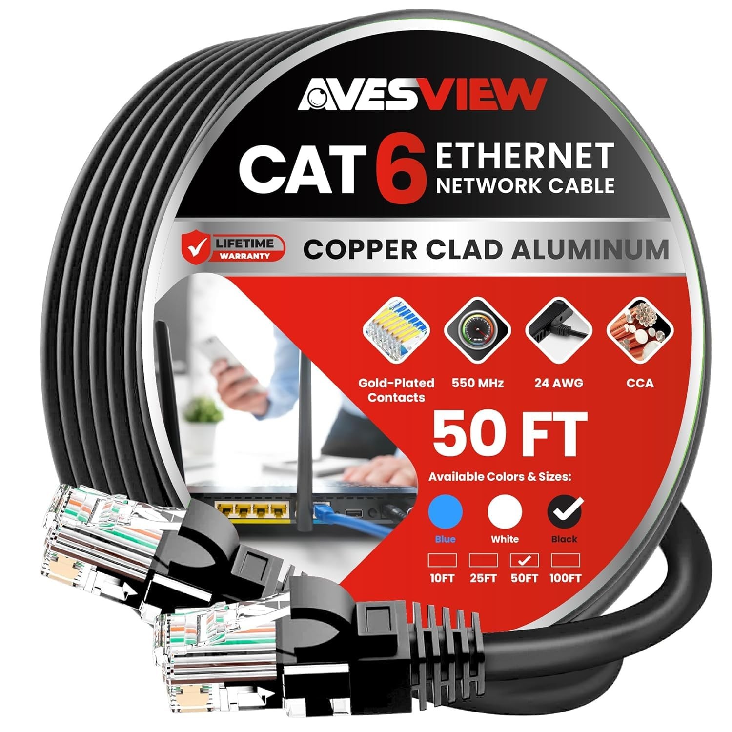 50FT CAT6 Ethernet Cable - High-Speed 10Gbps Snagless Indoor Network Cable