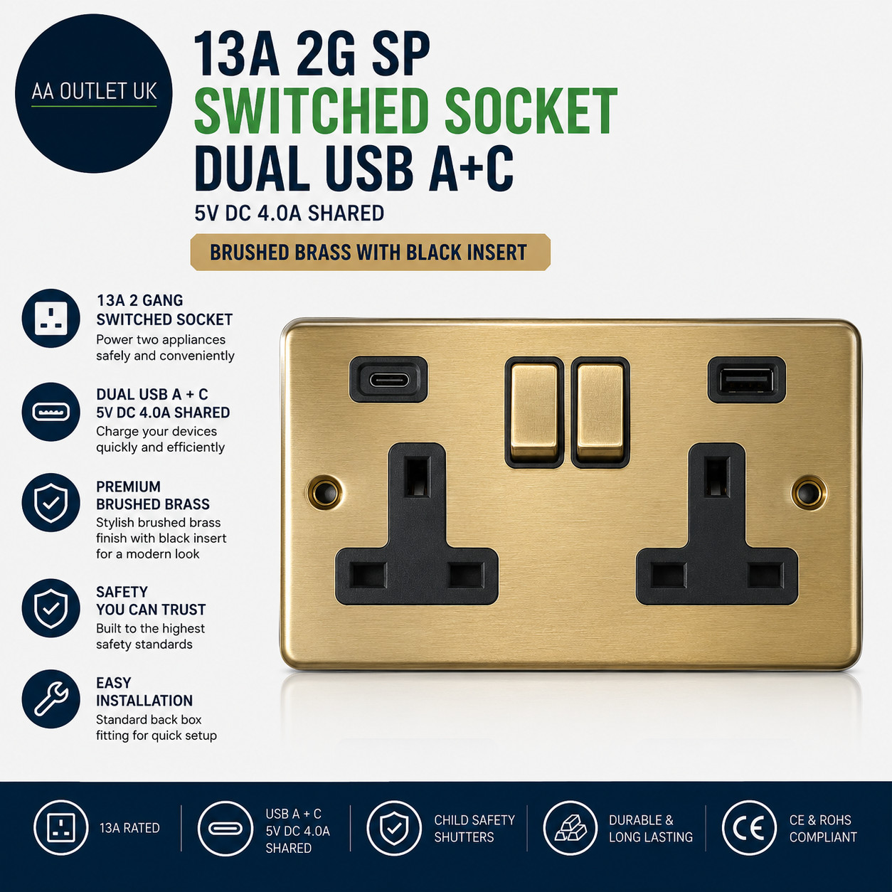 13A 2G SP Switched Socket Dual USB A+C 5V DC 4.0A Shared Brushed Brass