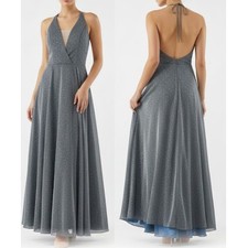 Silver Sparkly Glitter Halter 0 Maxi Formal Prom Gown Deep V Juniors My Michelle