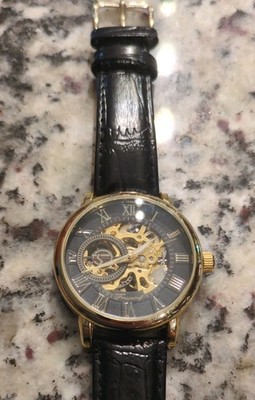 Mens Forsining Classic Round Gold Tone Black Leather Strap Automatic Watch L8