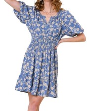 Umgee Split Neck Floral Puff Sleeve Dress With Smocked Waistband Blue